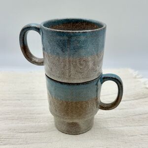 2 Japanese Stoneware Blue & Brown Glazed Mugs. Vintage 60s